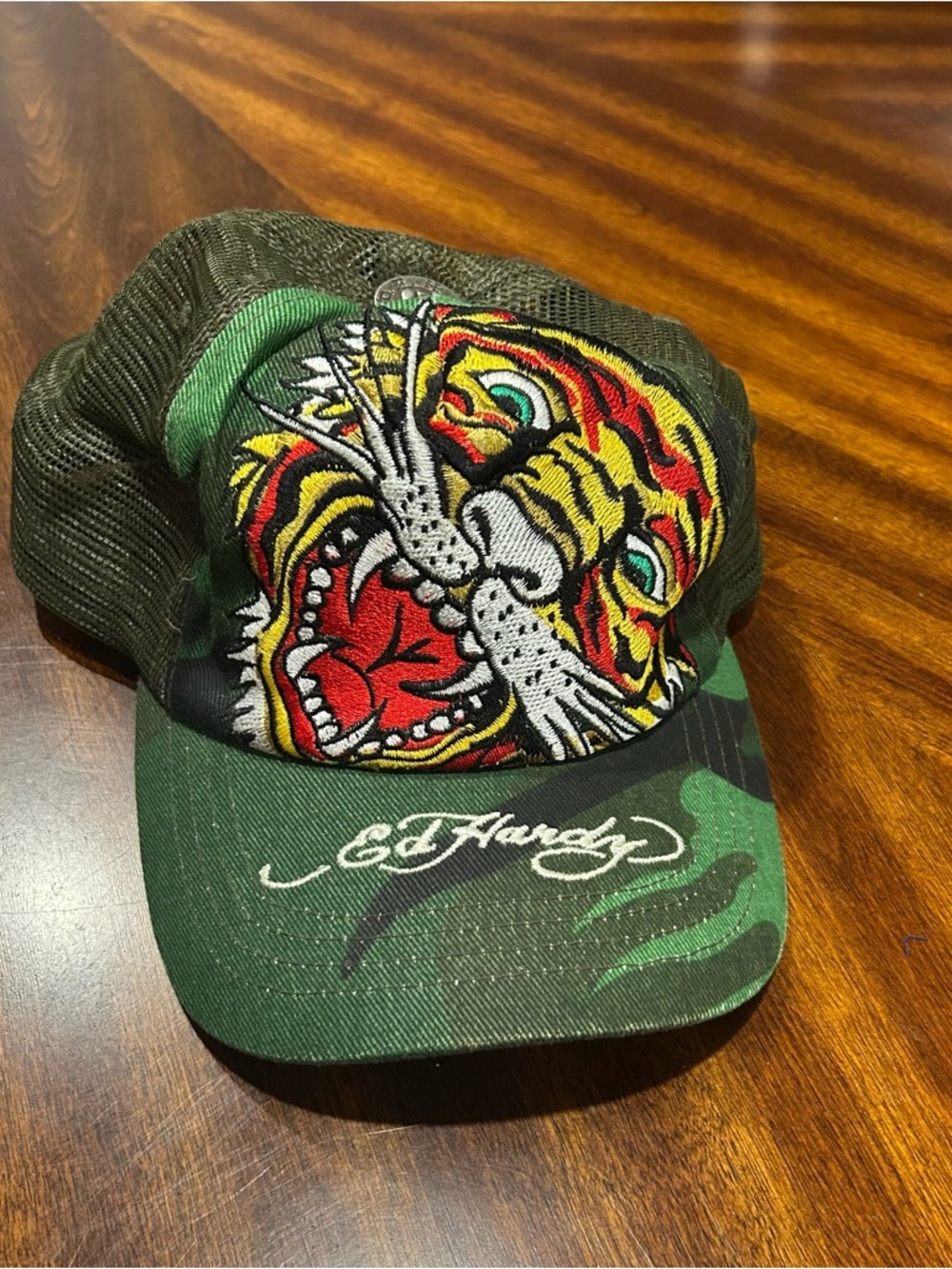 Ed Hardy Green Camo Cap Hat with Multicolor Tiger Embroidery